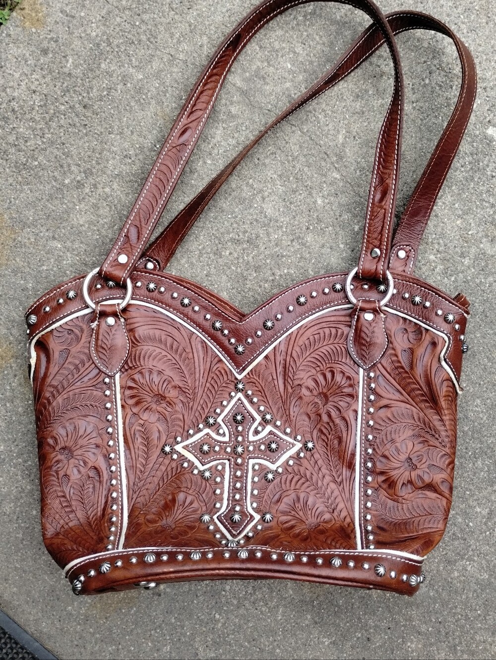 American West Brown Leather Studded Western Shoulder Bag VINTAGE